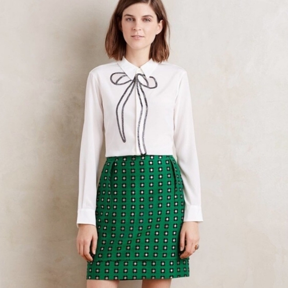 Anthropologie HD in Paris Garden Glimmer Christmas Green Tiered Flower Skirt - Picture 3 of 12